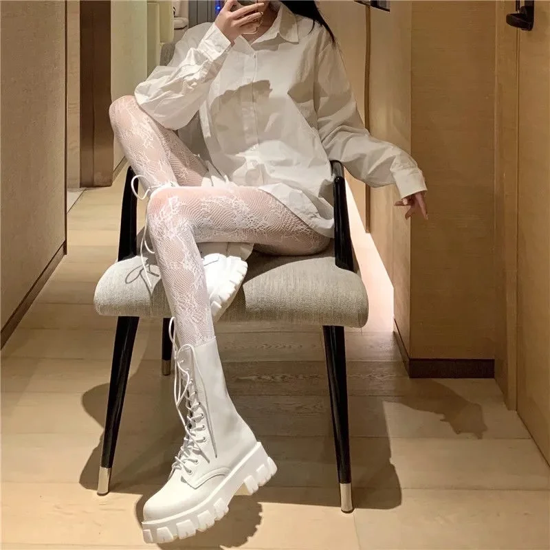 Gothic Fishnet Vớ Đen Thun Sexy Nylon Sheer Quần Lolita Khoét Hở Ren Hoa Quần Cosplay Plus Kích Thước