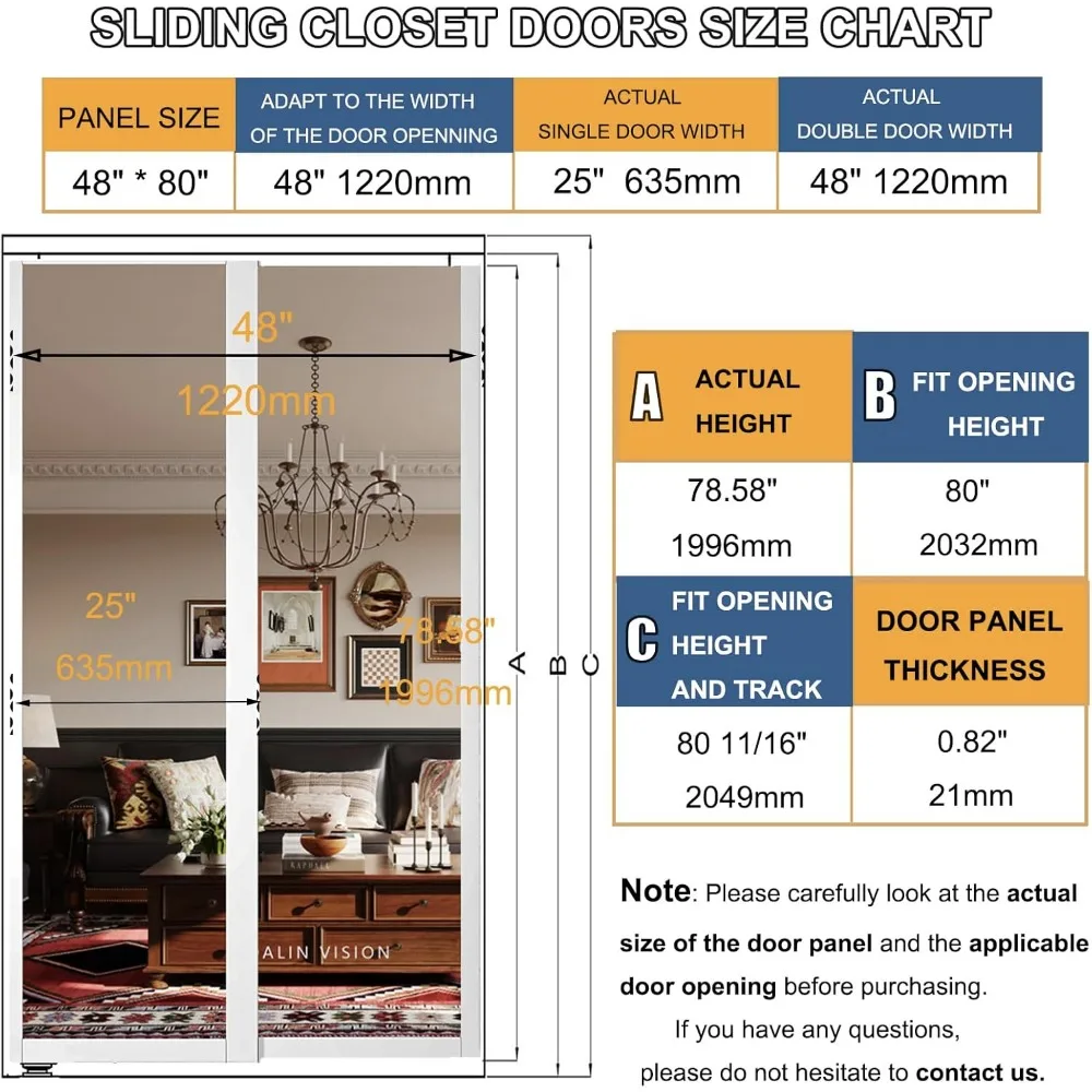 Sliding Closet Door, 48''(Double 25") X 80", 1-Lite Mirror Sliding Door with Hardware Track Kit & Floor Guide, Sliding Door