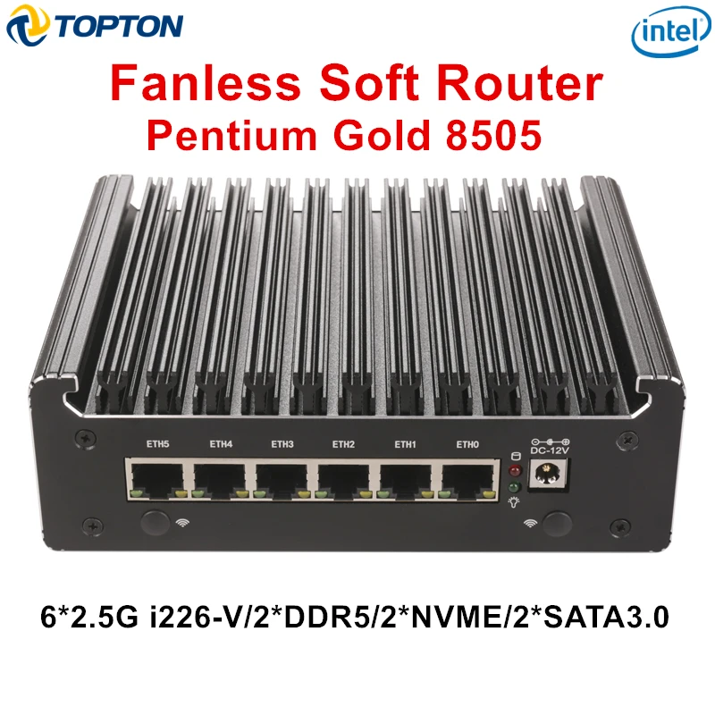 Topton Fanless Intel Pentium Gold 8505 i3 1125G4 N100 Firewall Mini PC 6xi226-V 2.5G DDR5 DDR4 NVMe SATA Proxmox pfSense