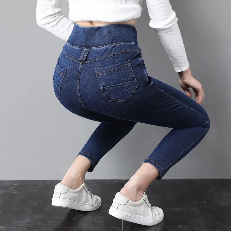 Korean Fashion Frauen Große Größe Dünne Jeans Frühling Herbst Streetwear Casual Hosen Denim Taschen Elastische Hohe Taille Bleistift Hosen