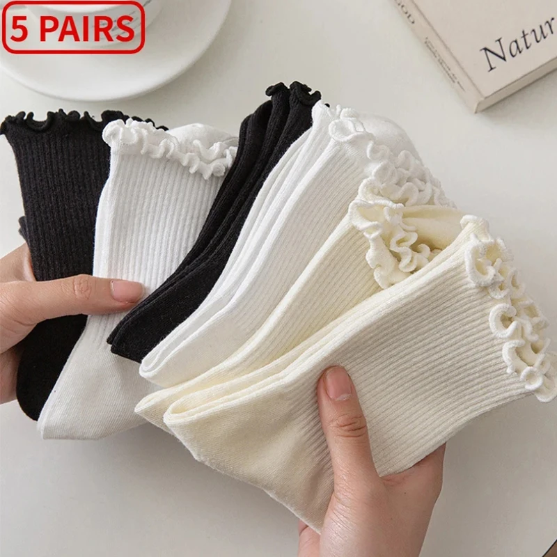5 par/lote calcetines para mujer volantes algodón tubo medio tobillo corto transpirable negro blanco conjunto primavera otoño