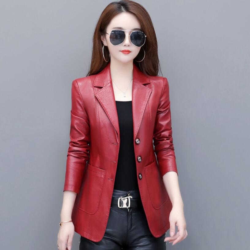 Chaqueta de cuero genuino para mujer, abrigo de piel de oveja delgada, moda coreana, chaquetas de cuero Real, Blazer informal para mujer, negro y rojo, Primavera