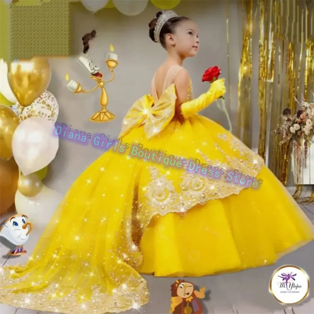 ที่กําหนดเองสีดอกไม้สาวชุด Elegant สีเทาการพิมพ์สําหรับงานแต่งงาน Ball Party สาวเจ้าหญิงเด็กวันเกิด Gowns