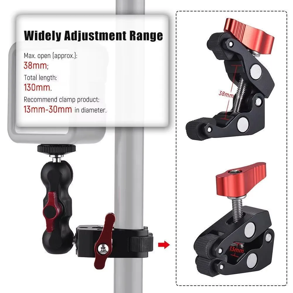 Super Clamp Camera Clamp Mount Monitor 360° Ballhead Magic Arm Double Ball Head Adapter with 1/4"-20 & 3/8"-16  For video