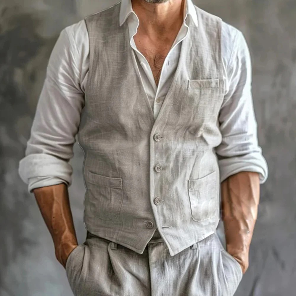 Heren linnen vest zomer mannelijk gilet hoogwaardig grijs koel ademend met zakken formeel herenvest mouwloos man werk