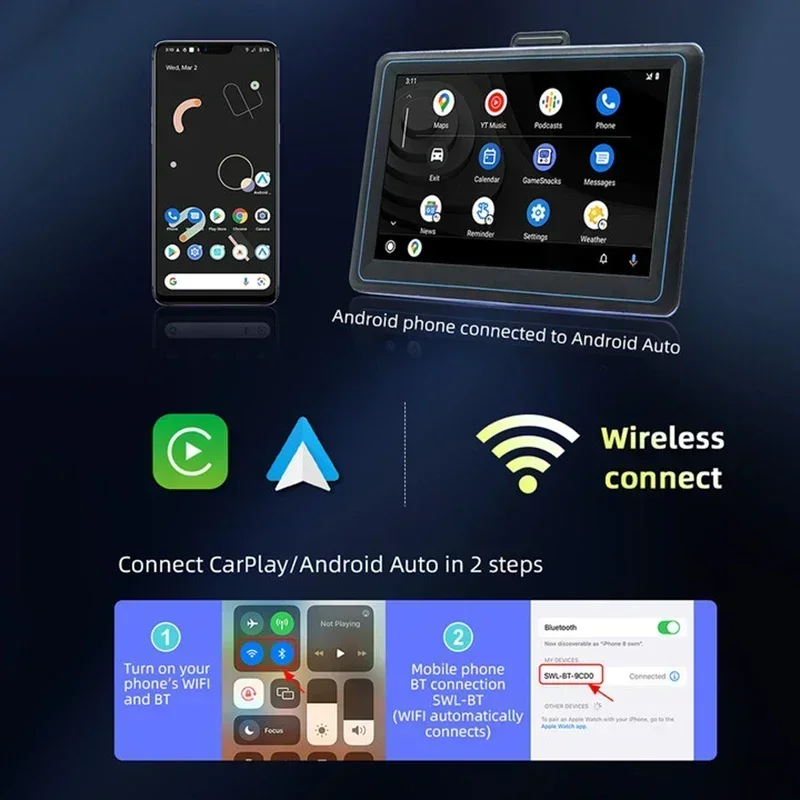 Autoradio universale da 7 pollici portatile Wireless Apple CarPlay Android Auto Stereo Multimedia Touch Screen navigazione Bluetooth
