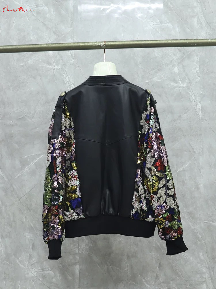 女性のための本革のジャケット,きらびやかなスパンコールビーズ,自然な羊,柔らかいアウターウェア,ファッション,wy2082