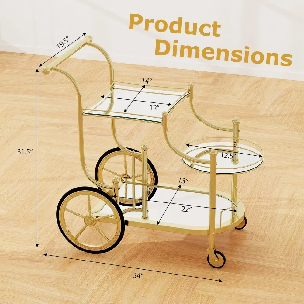 Rolling Bar Cart with 3-Tier Shelf & 4 Wheels, Tempered Glass Bar&Serving Cart,  for Metal Trolley for Home, Restaurant & Hotel