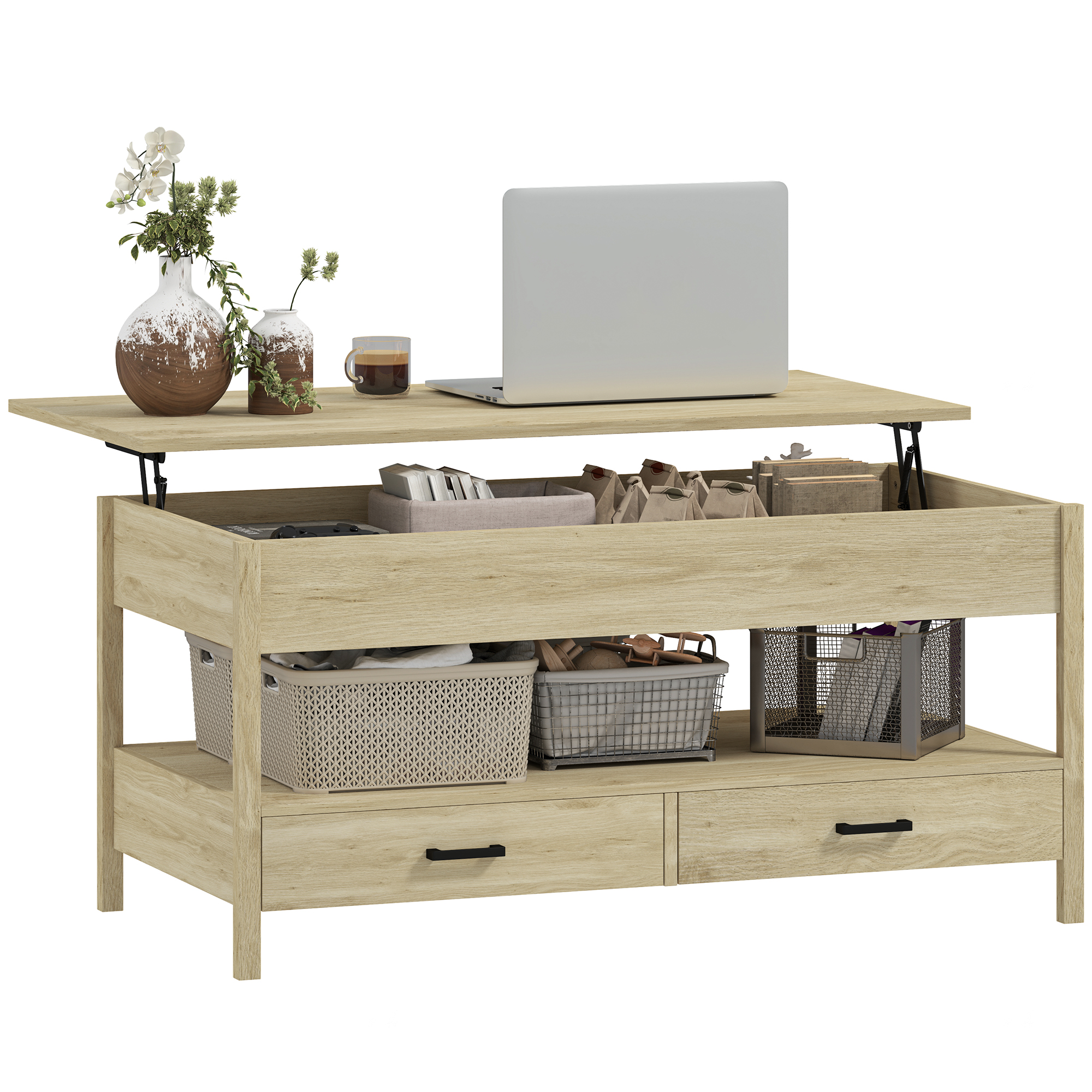 Homcom anhebbarer Couchtisch mit Stauraum, verstecktem Fach, Schubladen und offenem Regal, 100 x 50 x 48–62 cm, Eiche