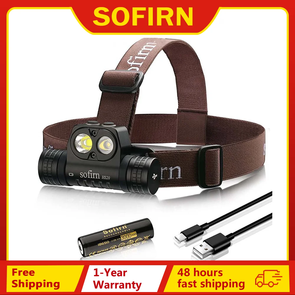 Sofirn HS20 2700 lm USB C wiederaufladbare LED-Stirnlampe 18650, leistungsstarker Scheinwerfer mit Strahler und Flutlicht, Dual-Switch-Anzeige