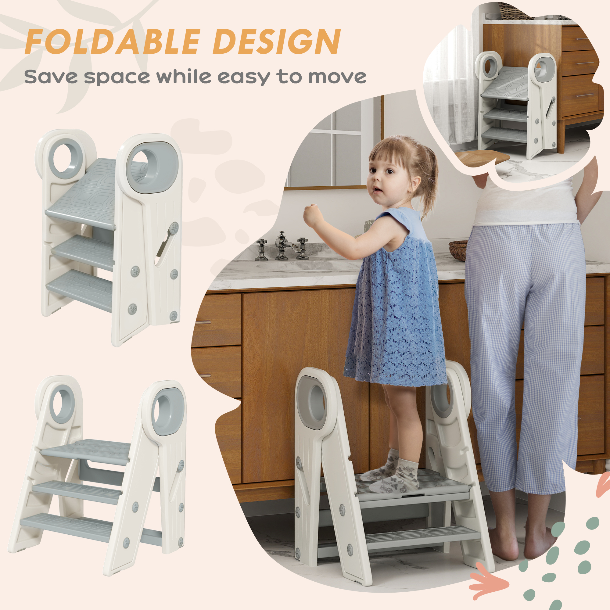 AIYAPLAY Foldable and Adjustable Kids Step Stool with Handle, Non-Slip for Kitchen, Counter, Toilet Potty Training, Grey