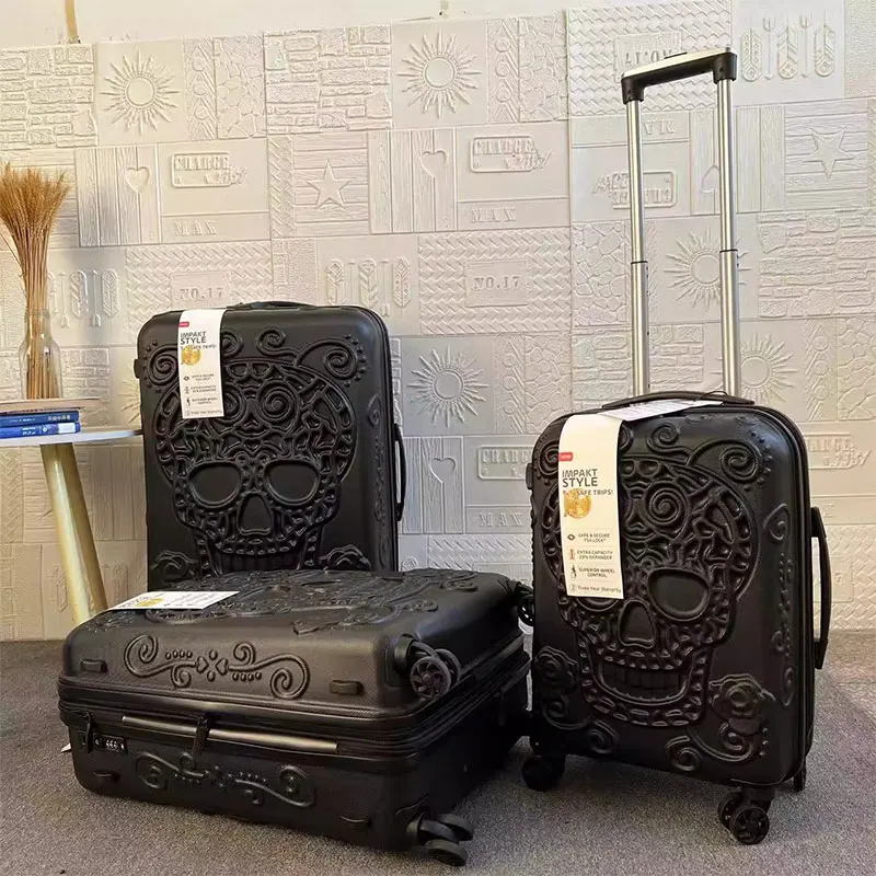 Bagagem de rolamento de cabine com rodas, mala, trole, alfândega, TSA, 3D Skull, nova moda, conjunto de 3, 20 ", 24", 28"