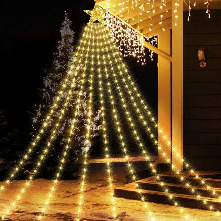 9 fili 3M LED stella di Natale stringa lucine con stella Topper cascata fata luce natalizia appesa scintillante ghirlanda di luce