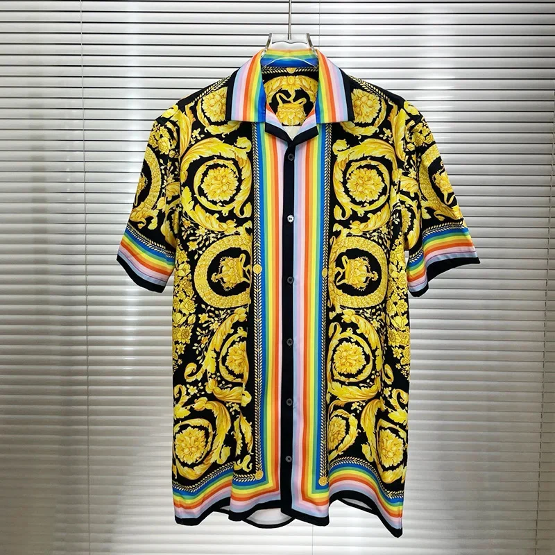 Camisa de manga corta real de lujo para hombre, camisa informal de verano con estampado de flores laterales a rayas de Cachemira Social