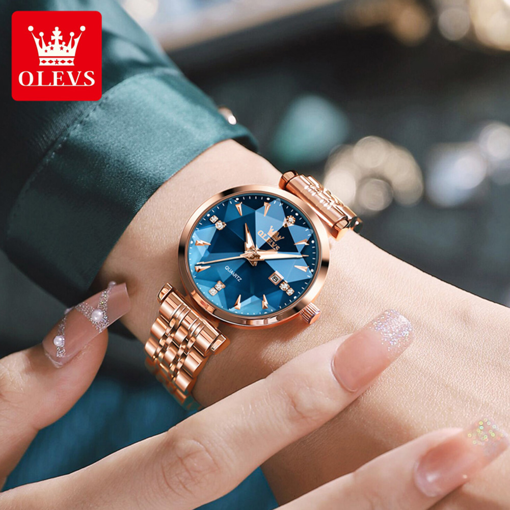 Olevs Dameshorloges Mode Elegante Ruitvormige Spiegel Origineel Quartz Polshorloge Waterdichte Band Datum