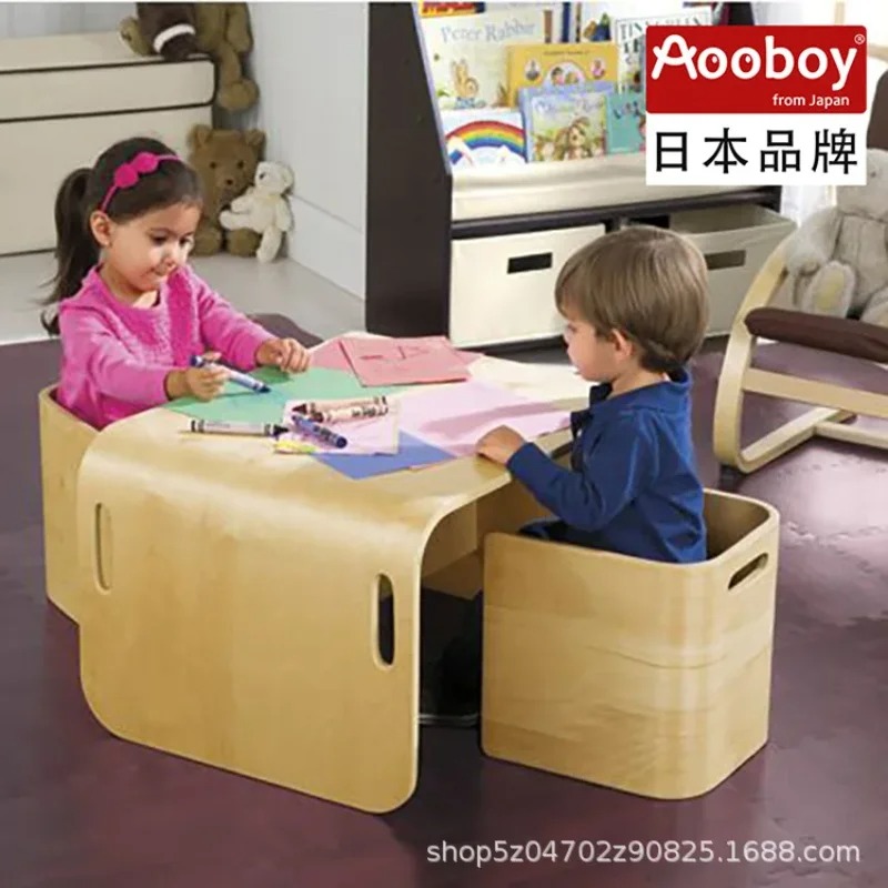 Juego de mesa y silla para niños, mesa de comedor multifuncional de madera maciza para jardín de infantes