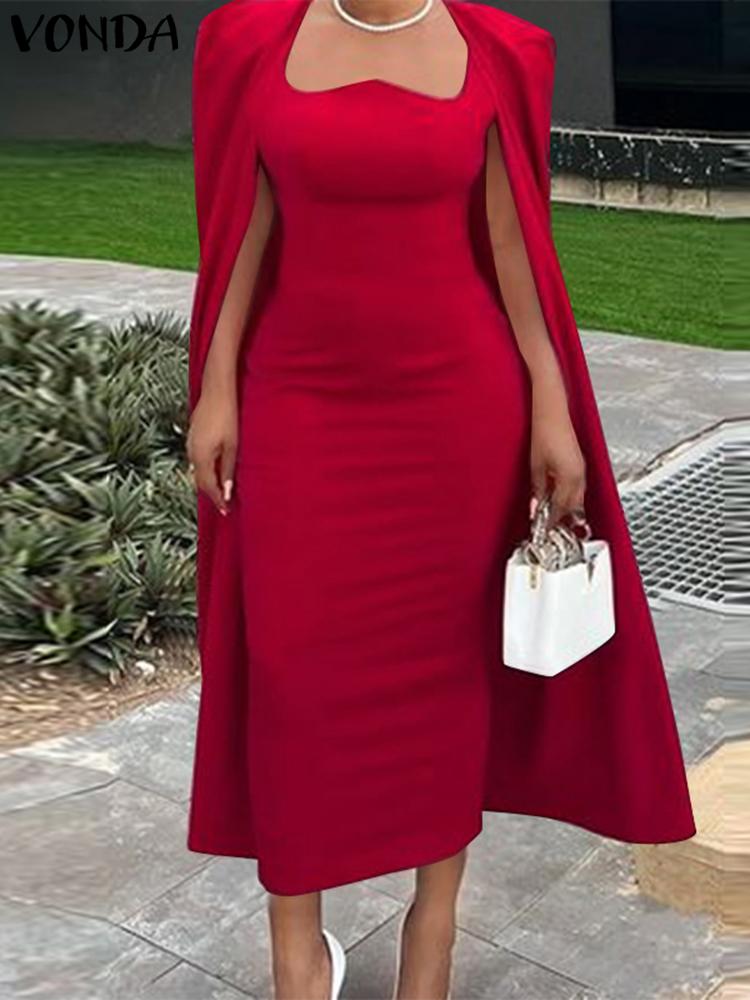 Plus size 5xl vonda outono feminino vestidos de festa à noite 2024 apertado-encaixe sexy capa manga vestido de verão gola quadrada robe vestidos