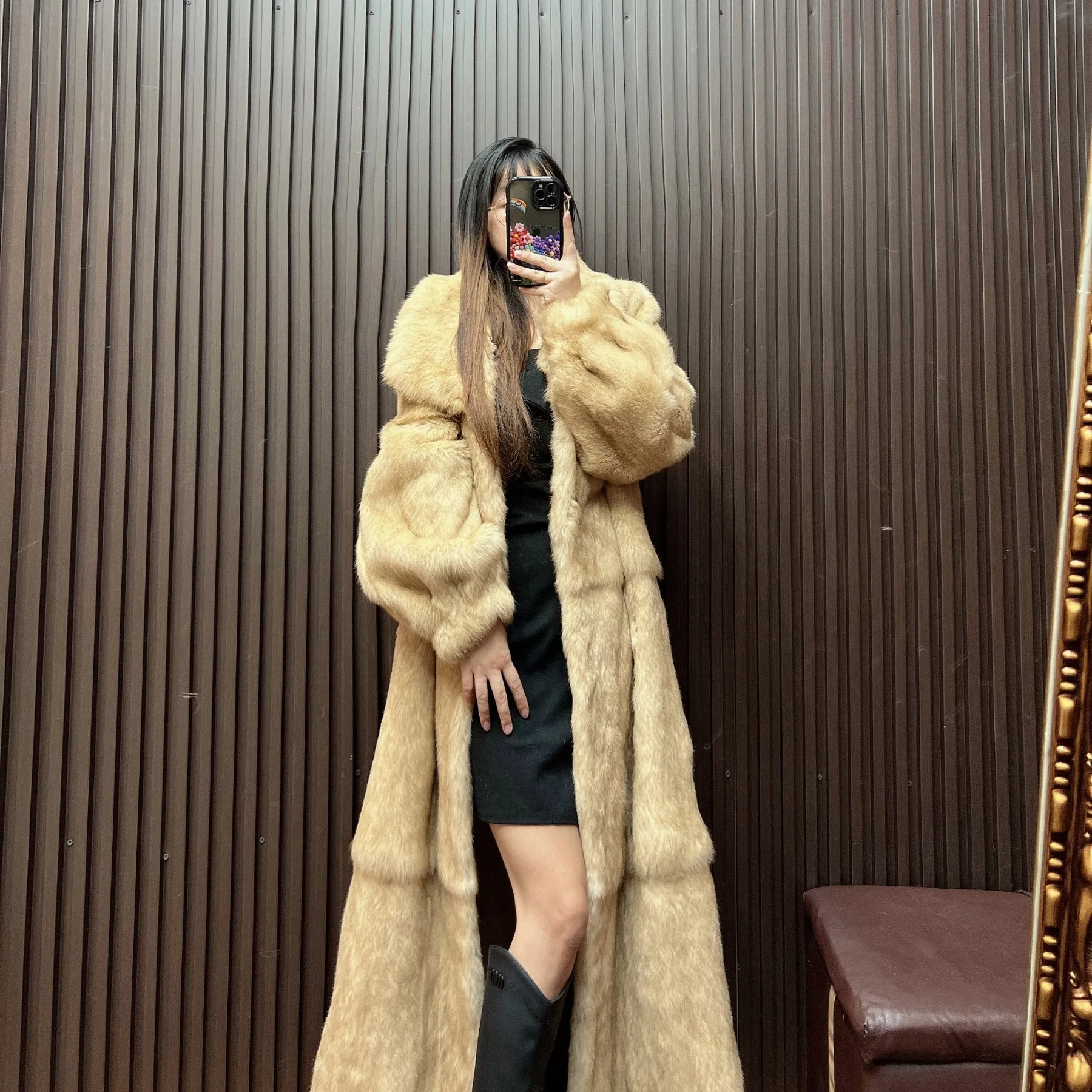 Furyoume Neue 100% Kaninchen Pelzmantel 120 cm Länge Dicke Warme Winter Echtpelz Mäntel Mode Streetwear Koreanische Casaco feminino