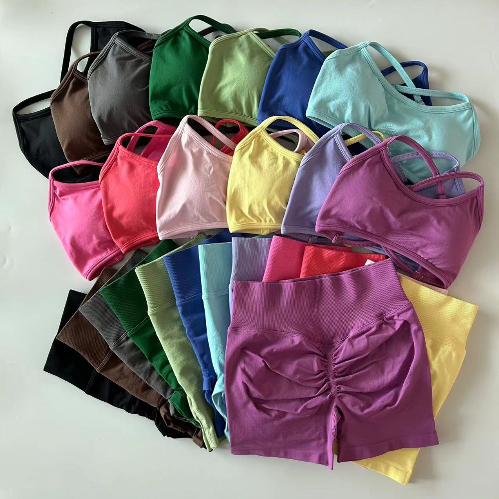 Conjunto de gimnasio dinámico de 2 piezas, ropa de entrenamiento para mujer, conjunto de pantalones cortos con espalda descubierta, Sujetador deportivo, Top deportivo, ropa deportiva, conjunto de Yoga