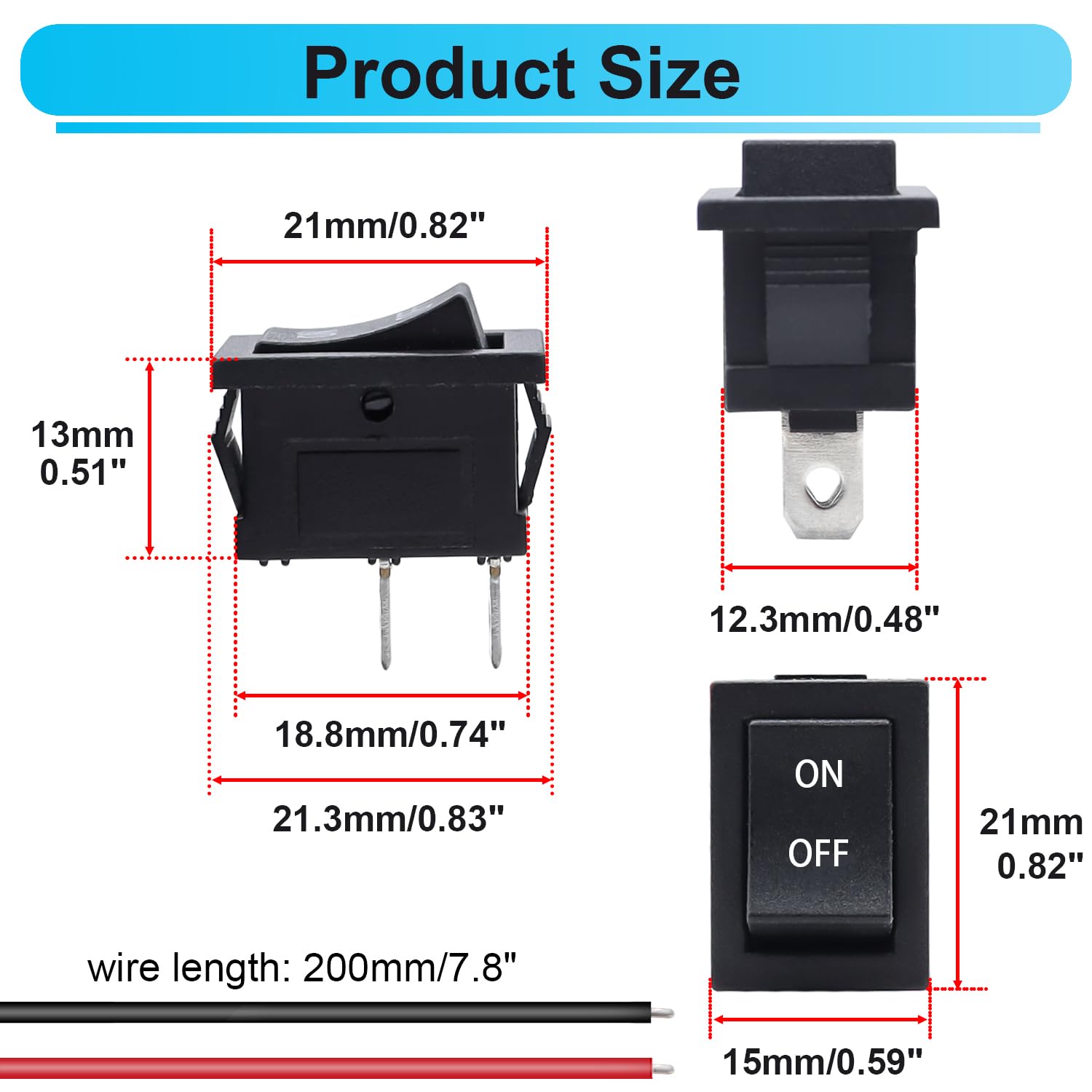5PCS Latching Rocker Switch ON/Off 2 Pin 2 Position SPST Car Auto Boat Square Rocker Toggle Switch with Pre-Wired AC 10A/125V 6A