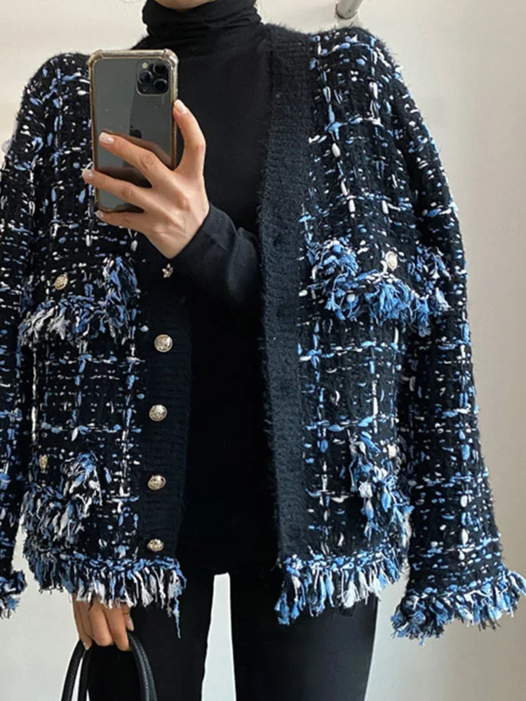 -Vintage glands Patchwork veste contraste couleur col en v simple boutonnage manteau ample femme décontracté mode marée 2023