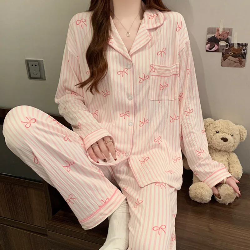 Novo conjunto de pijamas femininos primavera e outono conjunto de roupas caseiras pano enrugado doce menina estudantes de manga comprida pijamas casuais conjunto de roupas caseiras