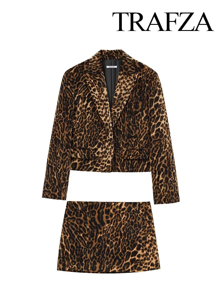 TRAFZA-Conjunto de 2 piezas para Mujer, estampado de leopardo, bolsillo con solapa, abrigo corto ajustado informal + minifalda ajustada con cremallera lateral de cintura alta para Mujer