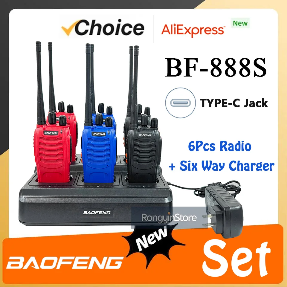 Baofeng BF-888S Walkie Talkie con caricatore a sei vie 888S EU/US/UK UHF portatile Amatoriale a lungo raggio Mini radio bidirezionali Jack di tipo C