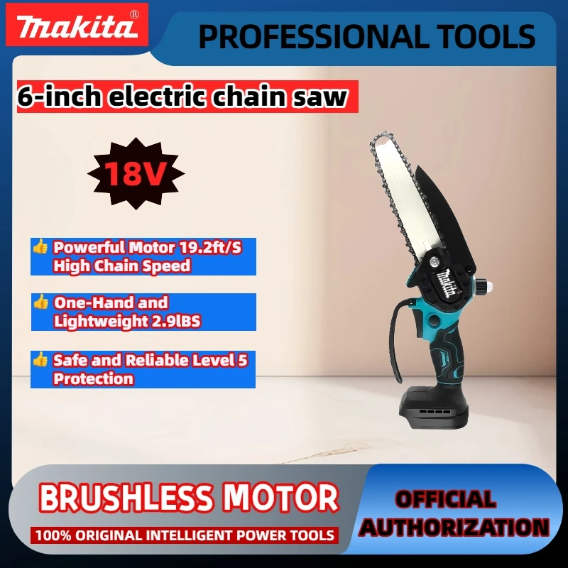 เลื่อยโซ่ยนต์มินิ Makita ของแท้ 18v สำหรับงานไม้ พร้อมเลื่อยไฟฟ้าขนาดเล็กแบบมือถือ 6 นิ้ว สำหรับตัดไม้ เลื่อยโซ่ยนต์มินิแบบพกพา