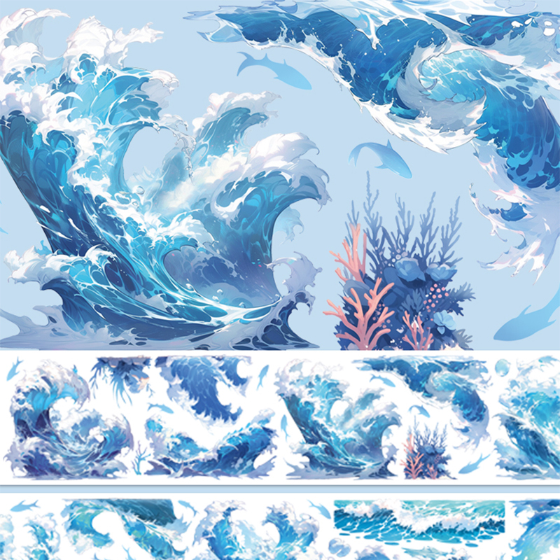 2 M/ม้วน 7 ซม.Sea Wave PET เทปเลเซอร์สีฟ้า Masking เทปสําหรับสติกเกอร์ Scrapbooking Journal ความงามเครื่องเขียน