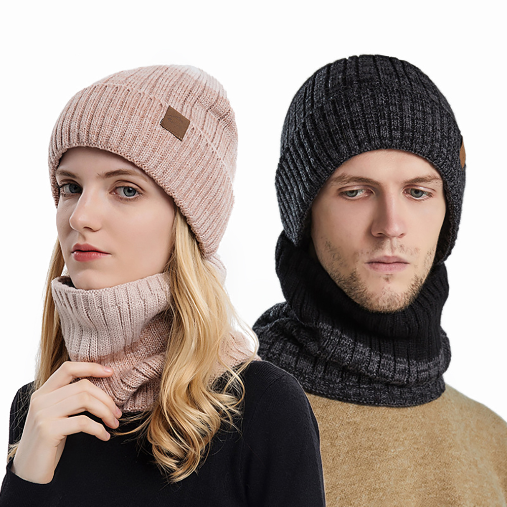 Herren Winter warm halten Mütze Schal Set Frauen Fleece Futter Wollgarn Hut Strick Hals Gamasche Farbverlauf Unisex Design neu in