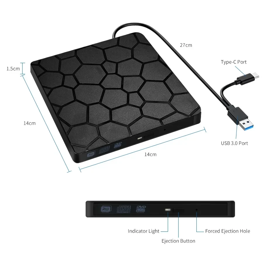2 in 1 External DVD RW Drive USB 3.0 Type C Interface Slim DVD CD Writer Burner Reader Player Optical Drive For Laptop Notebook