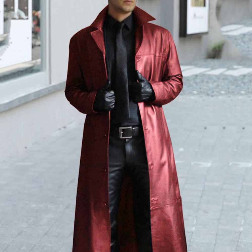 Abrigo largo de piel sintética para hombre, gabardina elegante de piel sintética con cuello vuelto, chaqueta de calle resistente al viento para corte ajustado
