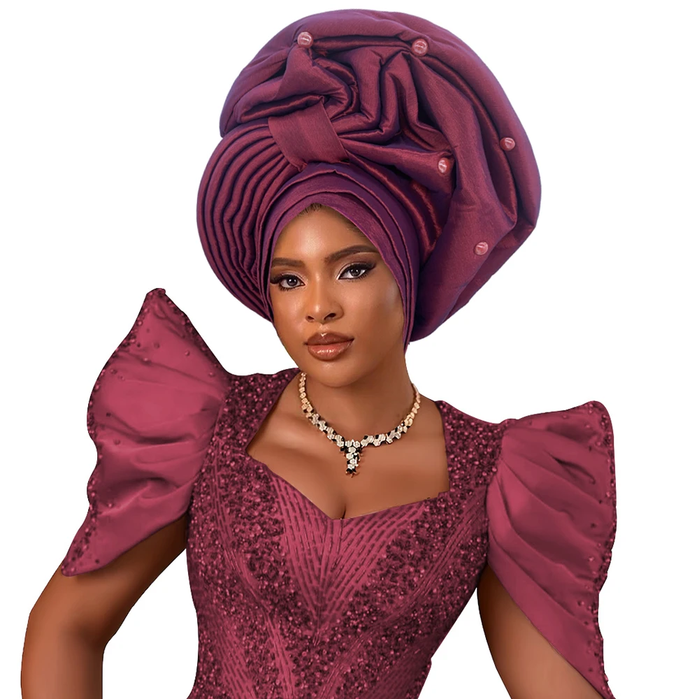 Czapka turban z surowego jedwabiu dla kobiet, afrykańskie chusty na głowę, nigeryjskie nakrycie głowy na wesele, gotowe do zakładania opaski na głowę.