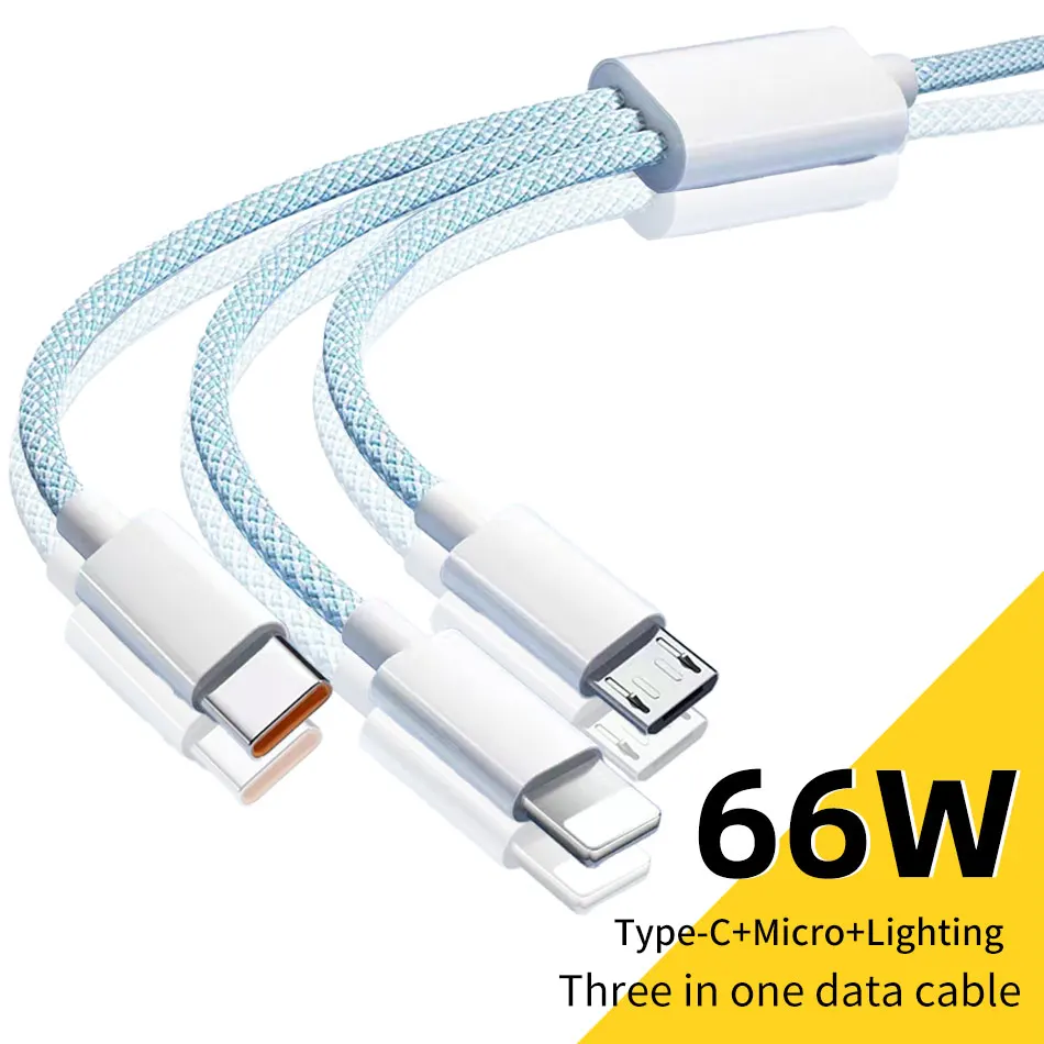 66W 3 In 1 고속 충전 케이블 Xiaomi 초고속 충전기 용 6A 마이크로 USB 유형 C 데이터 케이블 나일론 브레이드 케이블 1.2M/2M/3M