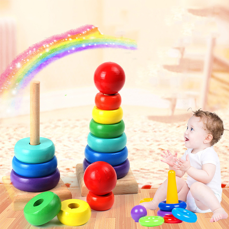 Детские Разноцветные деревянные игрушки Монтессори в виде радужной башни