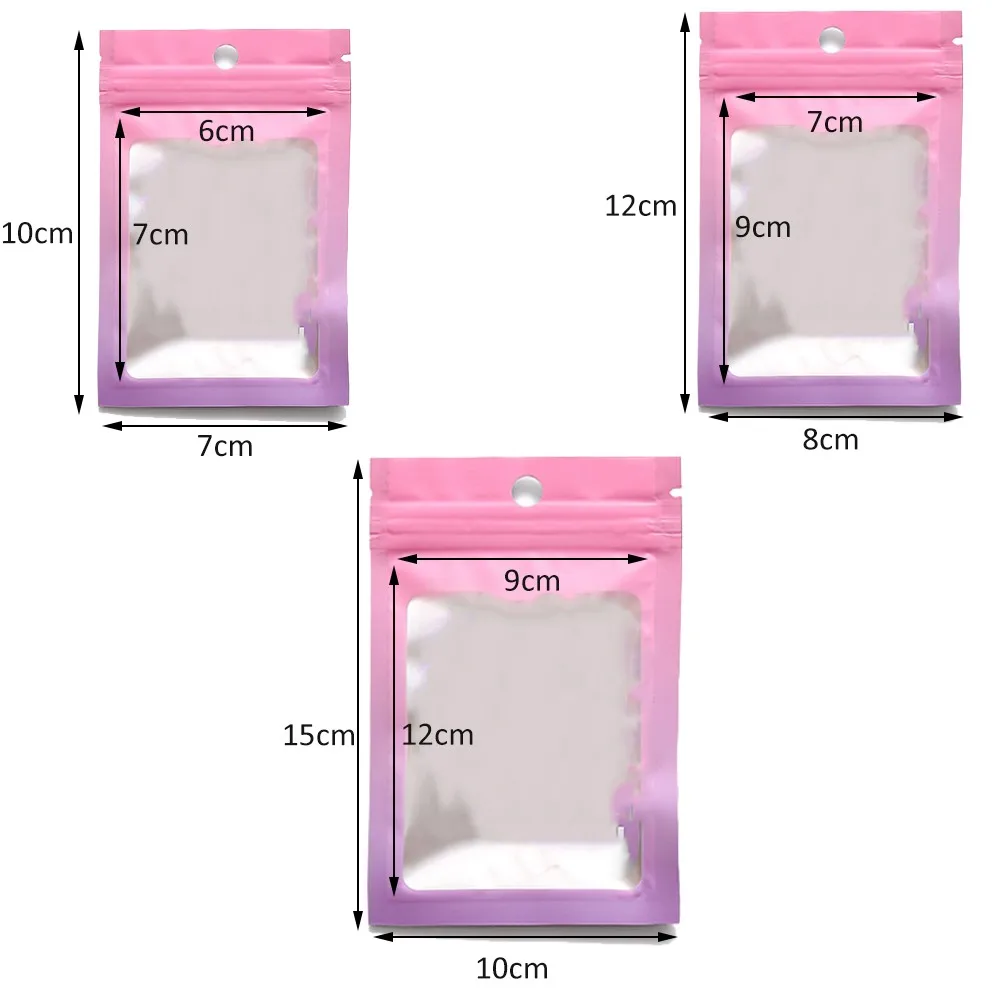 100 sacos gradientes dos pces resealable com zíper embalagem plástica display bolsa de armazenamento de jóias embalagens pequenas empresas suprimentos