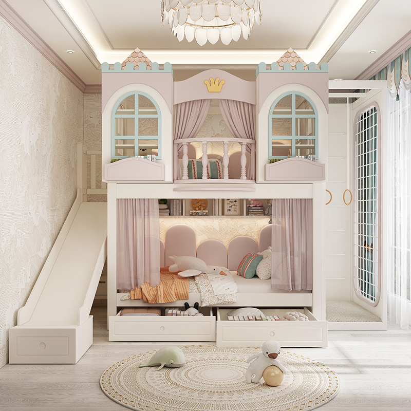 Upper and lower beds All solid wood high and low beds Multifunctional with arches Climbing frame Tree house bed Children's bed