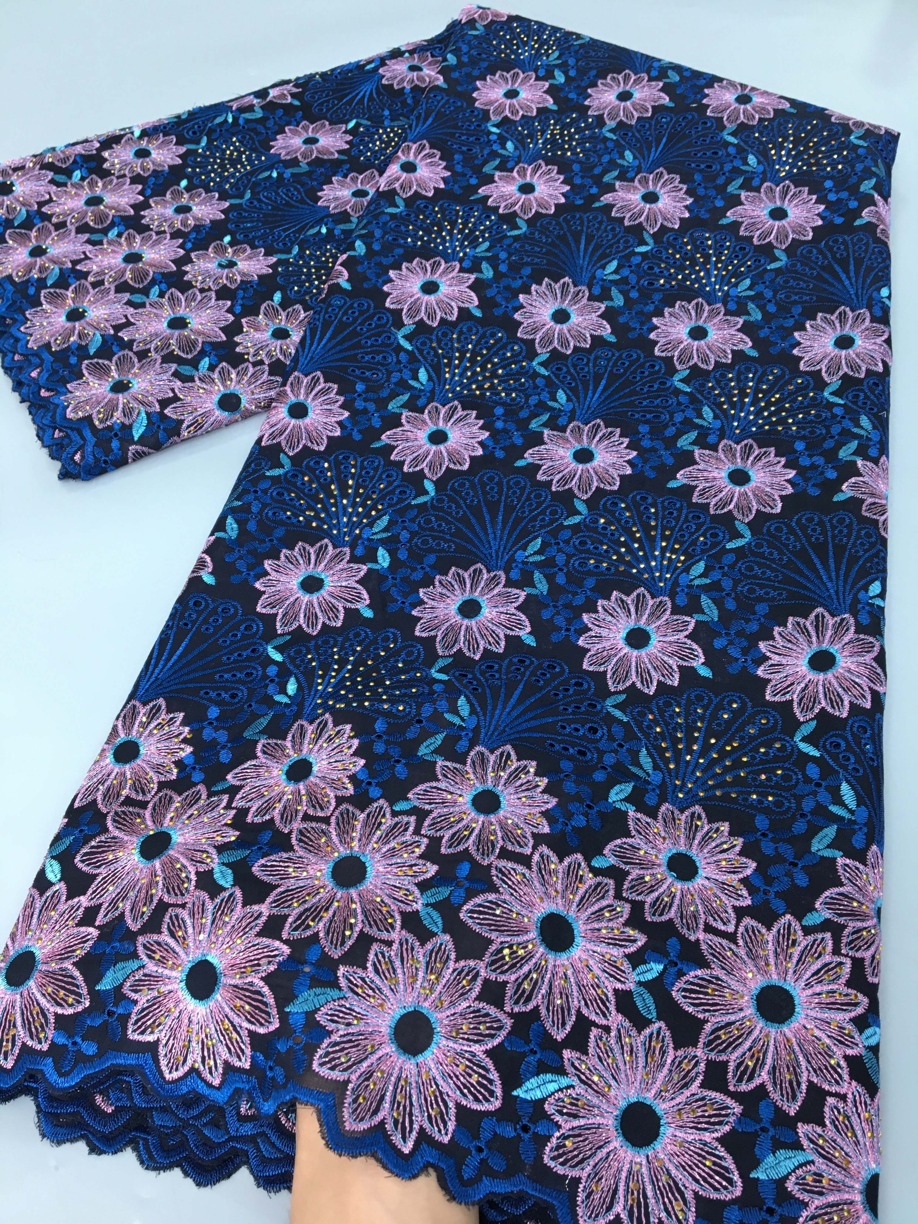 Tela de encaje de algodón suizo Nigeriano para mujer, tejido de encaje africano con piedras de alta calidad, vestidos de fiesta de noche para coser, 2, 5 yardas, 2024, 3964