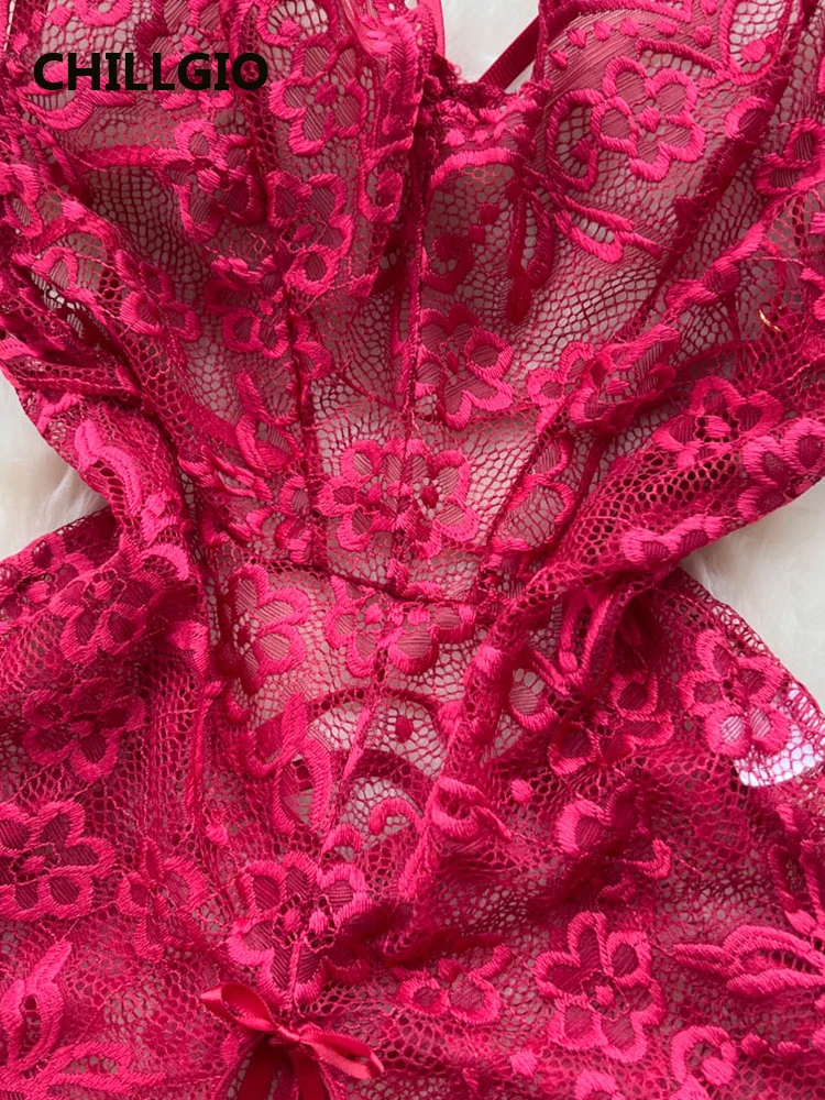 CHILLGIO сексуальные цветочные кружевные Комбинезоны на бретельках Женские прозрачные эротические облегающие комбинированные Комбинезоны Клубные цельные комбинезоны с открытой спиной