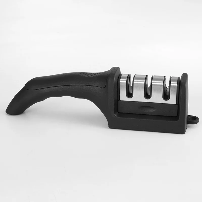 Kitchen 3-Segment Knife Sharpener Household Multi-Functional Hand-Held Three-Purpose Black Sharpening Stone.