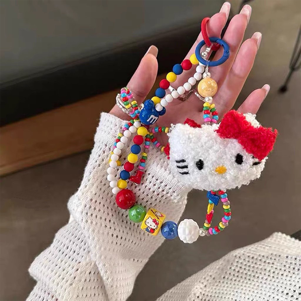 Sanrio Cute Hello Kitty Portachiavi con perline colorate Cartone animato Peluche Custodia per telefono Cinturino da polso Catena appesa Regali per ragazze