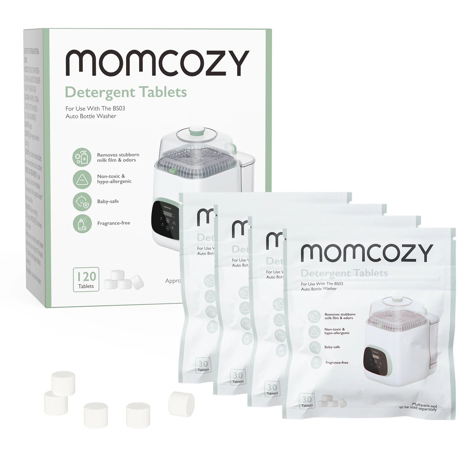 Oficjalny blok do mycia Momcozy do myjki do butelek dla niemowląt Momcozy, 120 tabletek detergentu