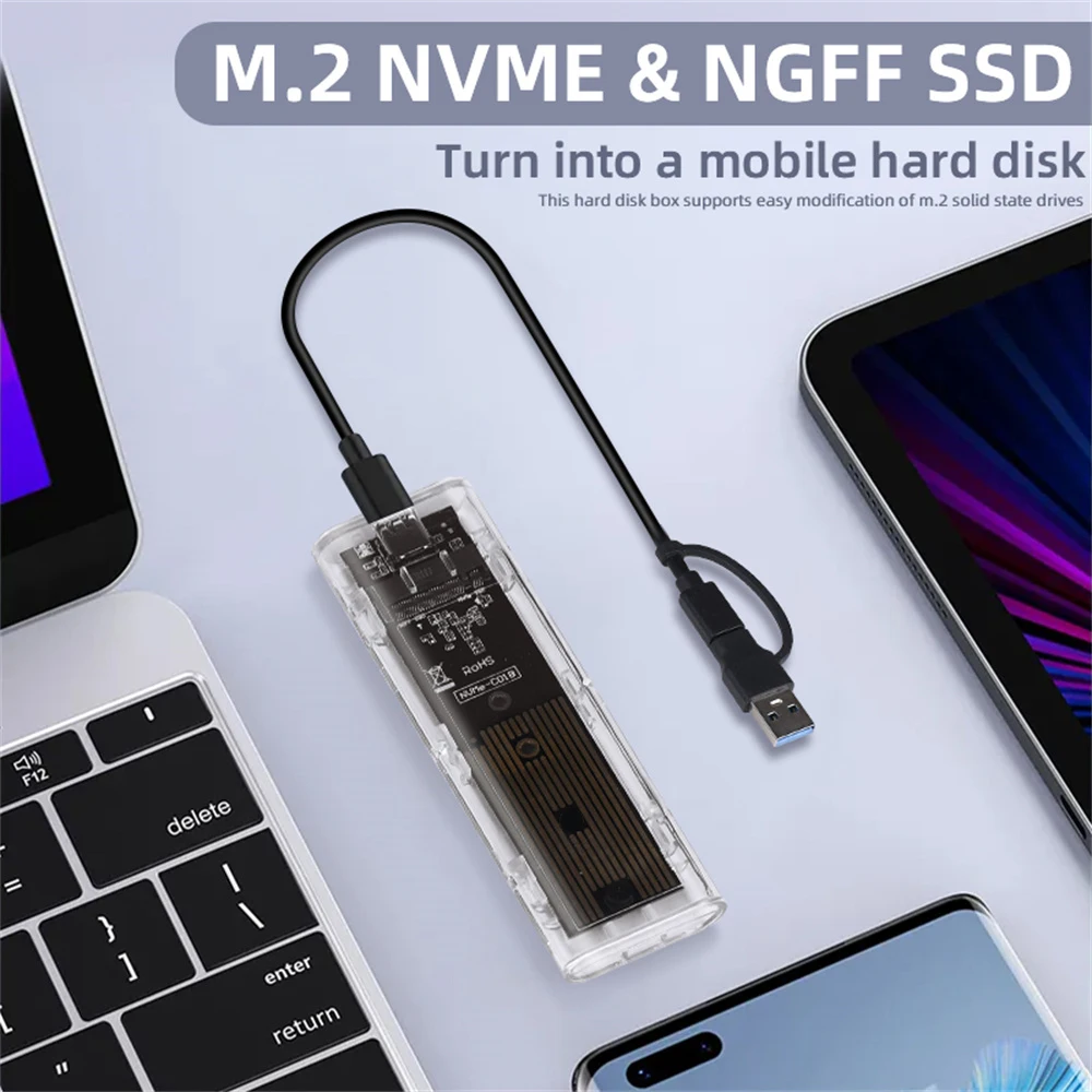 Transparent External Enclosure Hard Disk Box M.2 NVME PCIe NGFF SATA Dual Protocol SSD Case Clear USB Type C 10Gbps PCI-E M2 SSD