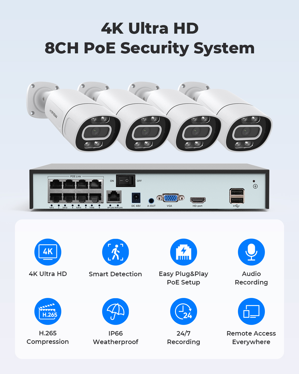 H.View 4K 5Mp 8Mp poe Sistema di telecamere di sicurezza CCTV Kit di videosorveglianza domestica 8Ch Nvr Audio Telecamera IP esterna App xmeye