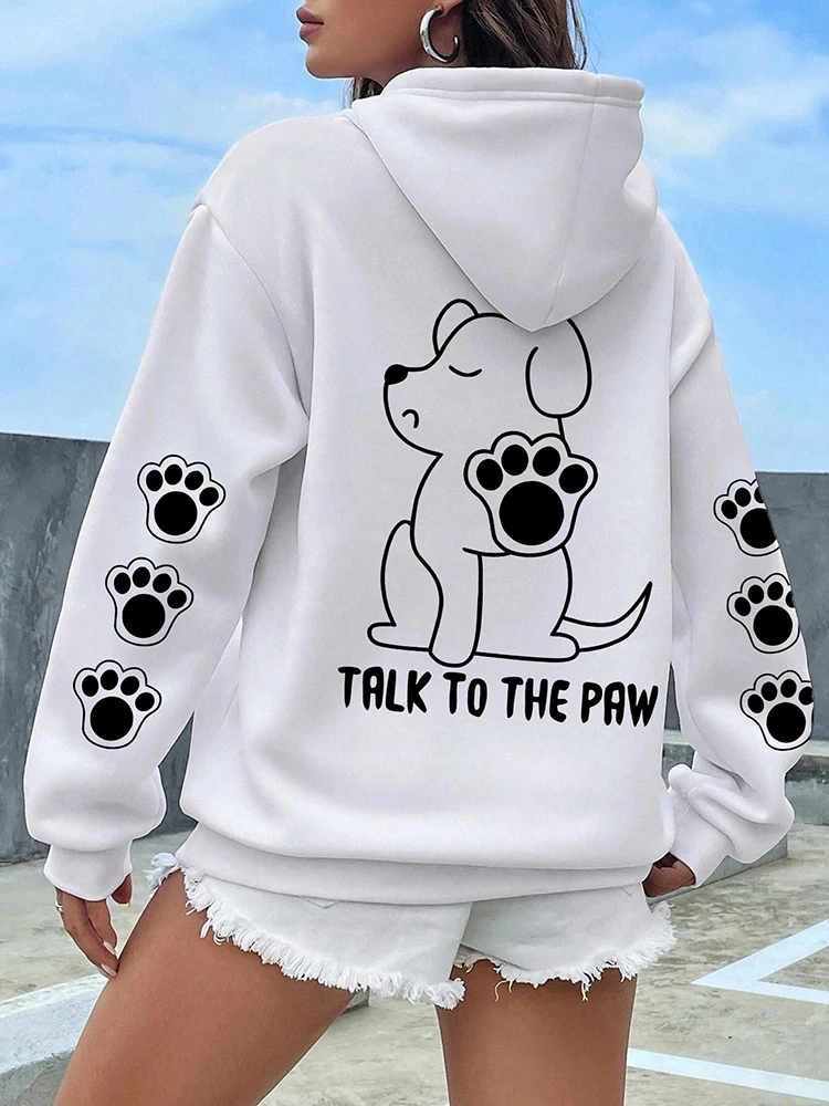 Talk To The Paw-Sudadera con capucha con estampado de dibujos animados de perro divertido para mujer, Sudadera con capucha de lana cálida, Tops informales holgados con cuello redondo para otoño