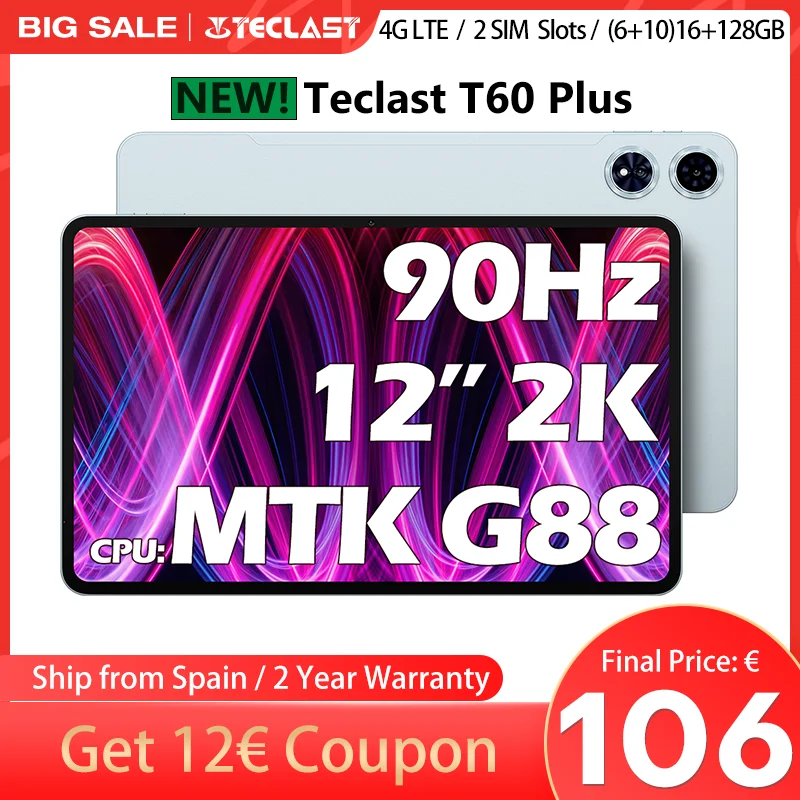 【Nieuw】 Teclast T60 Plus 12 inch TDDI 90Hz 2K scherm 2000x1200 Android 14 Widevine L1 MTK Helio G88 (6GB RAM + 10GB uitbreiding) 16GB/128GB 8000mAh batterij 4G LTE Dual SIM TF tot 1TB