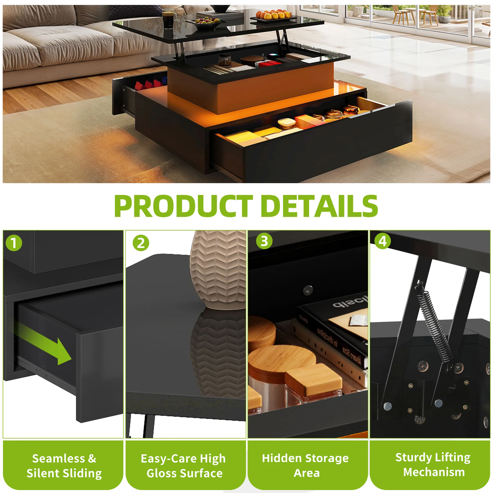 Mesa de centro elevatória YITAHOME - design moderno retangular com iluminação LED de 16 cores e 2 gavetas, superfície iluminada elevada