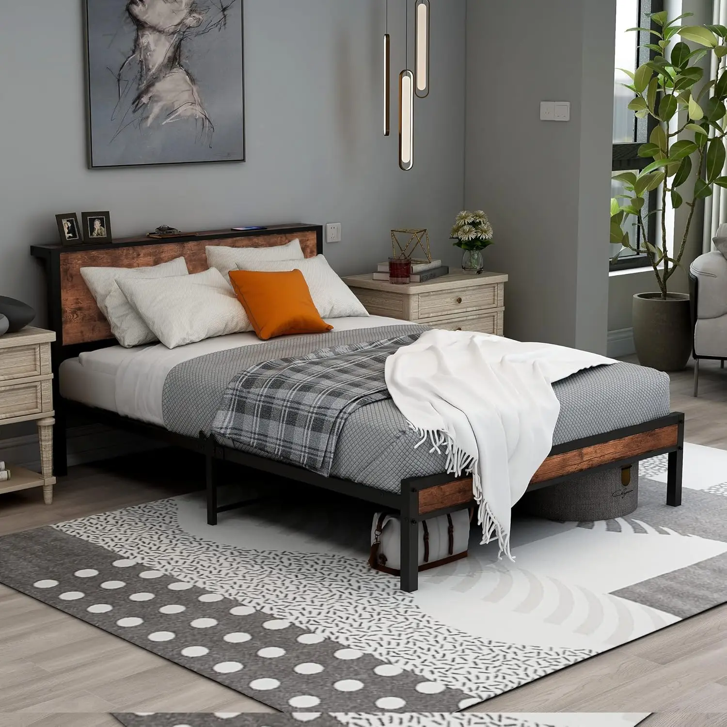 Double Bed Frame Metal Platform Bed Frame with Wood Headboard/Mattress Base/Underbed Storage/No Box Spring Needed/Brown