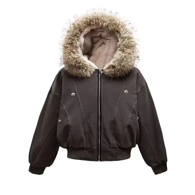 Jaqueta americana retrô com gola de lã, moda de inverno, estilo escolar pequeno, design com capuz, jaqueta curta de algodão
